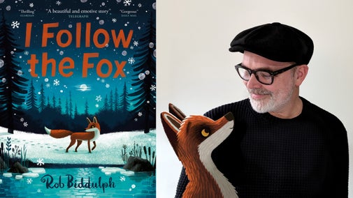 I Follow the Fox storybook cover and illustration by Rob Biddulph with a photo of the author